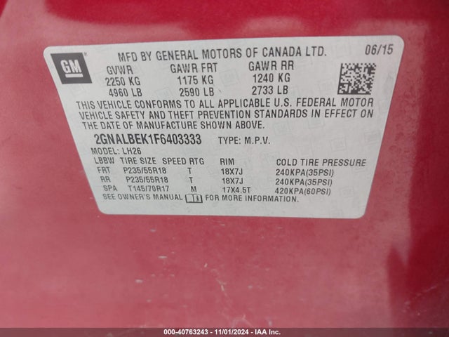Chevrolet EQUINOX 1LT 2015 2GNALBEK1F6403333 Image 9