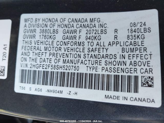 2HGFE2F58SH520750 Honda Civic Sport