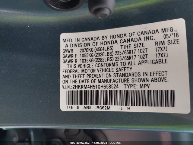 Honda CR-V EX 2016 2HKRM4H51GH658524 Image 9