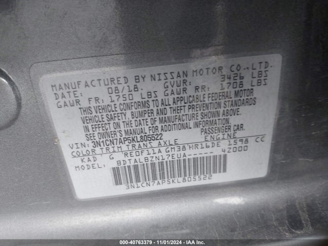 Nissan Versa 1.6 Sv 2019 3N1CN7AP5KL805522 Image 9