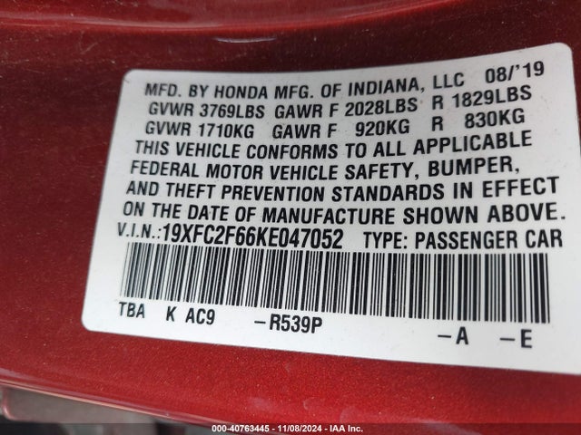 Honda Civic Lx 2019 19XFC2F66KE047052 Image 9