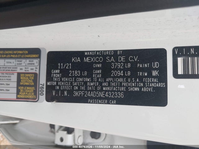 3KPF24AD5NE432336 KIA FORTE FE