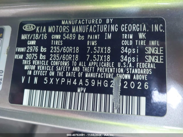 KIA Sorento 3.3l Ex 2017 5XYPH4A59HG202026 Image 9