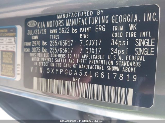 5XYPGDA5XLG617819 KIA Sorento 3.3l Lx