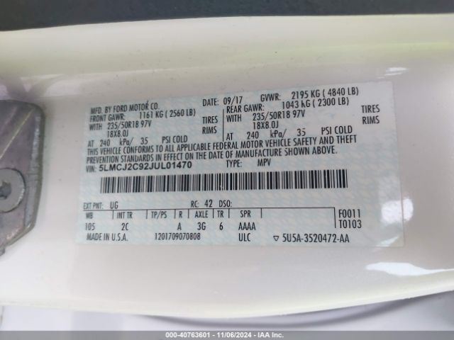 5LMCJ2C92JUL01470 Lincoln MKC SELECT