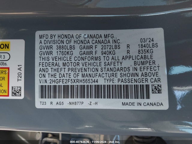 2HGFE2F5XRH565344 Honda Civic Sport