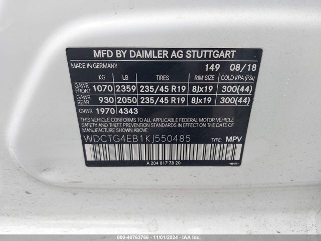 WDCTG4EB1KJ550485 Mercedes-Benz GLA 250