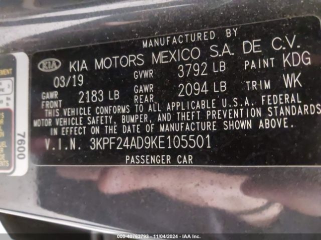 3KPF24AD9KE105501 KIA FORTE FE