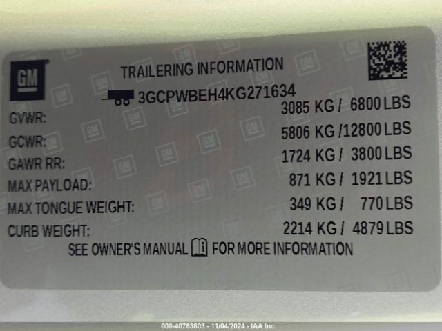 3GCPWBEH4KG271634 Chevrolet Silverado 1500 Custom