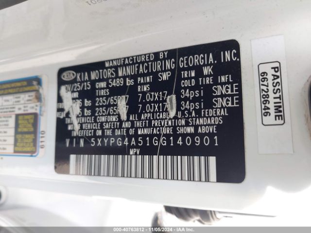 5XYPG4A51GG140901 KIA Sorento 3.3l Lx