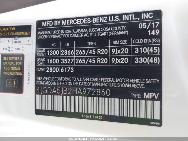 4JGDA5JB2HA972860 Mercedes-Benz GLE 350