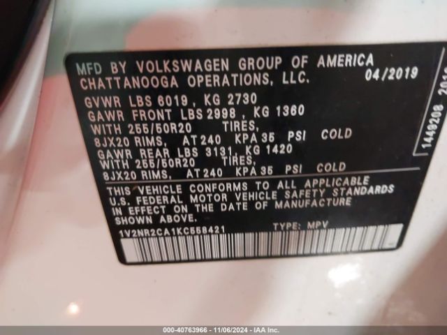 1V2NR2CA1KC558421 Volkswagen Atlas 3.6l V6 Sel Premium