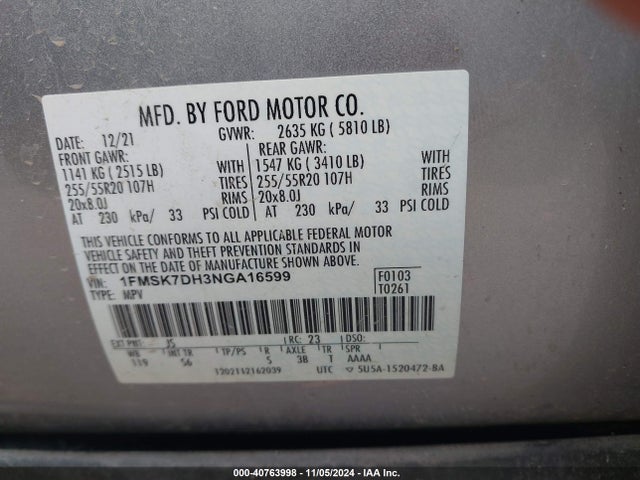 Ford EXPLORER XLT 2022 1FMSK7DH3NGA16599 Image 9