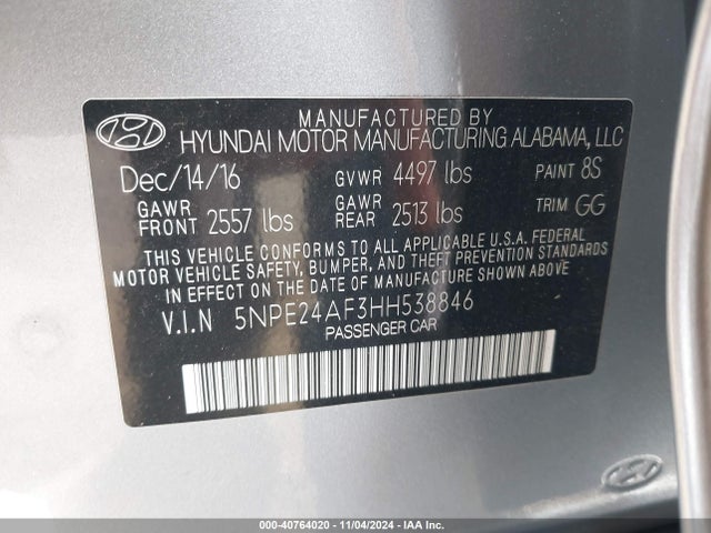 Hyundai Sonata 2017 5NPE24AF3HH538846 Image 9