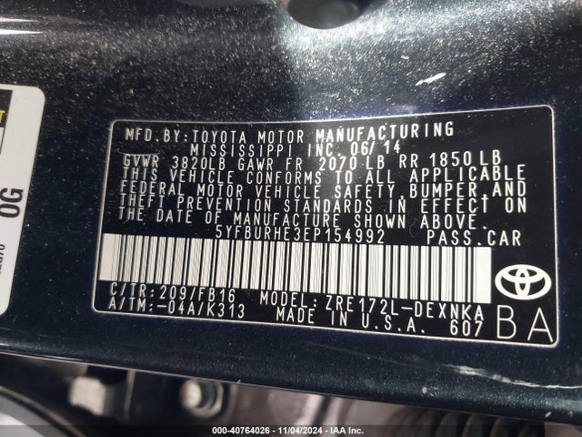 Toyota COROLLA LE 2014 5YFBURHE3EP154992 Image 9