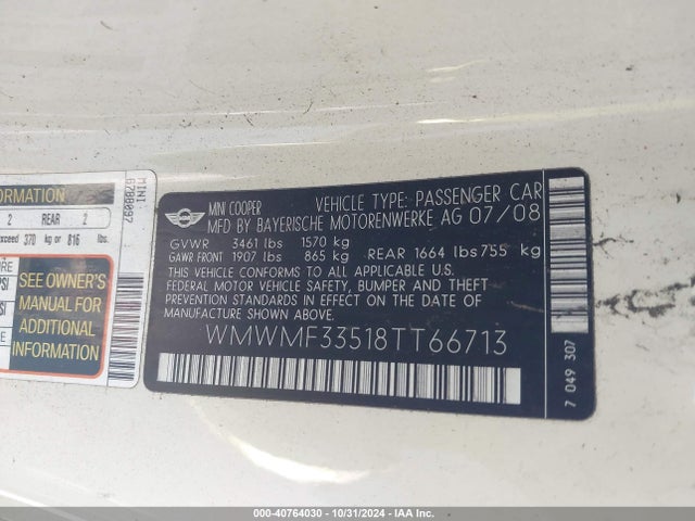 2008 MINI COOPER WMWMF33518TT66713 Photo 8
