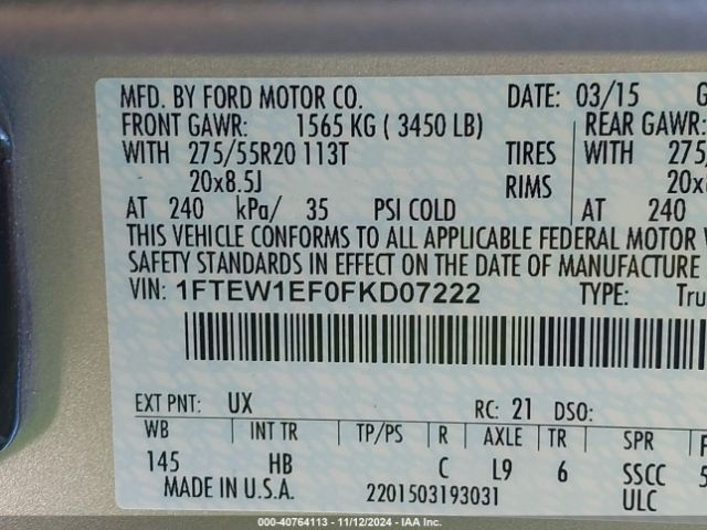 1FTEW1EF0FKD07222 Ford F-150 Lariat