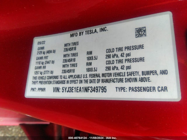 2022 TESLA MODEL 3 5YJ3E1EA1NF349795 Photo 8