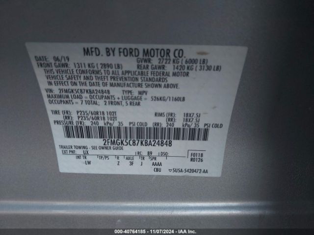 2FMGK5C87KBA24848 Ford FLEX SEL