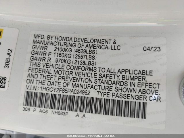 1HGCY2F85PA024962 Honda Accord Hybrid Touring