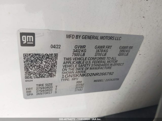 1GNSKNKD2NR266792 Chevrolet Tahoe 4wd Lt