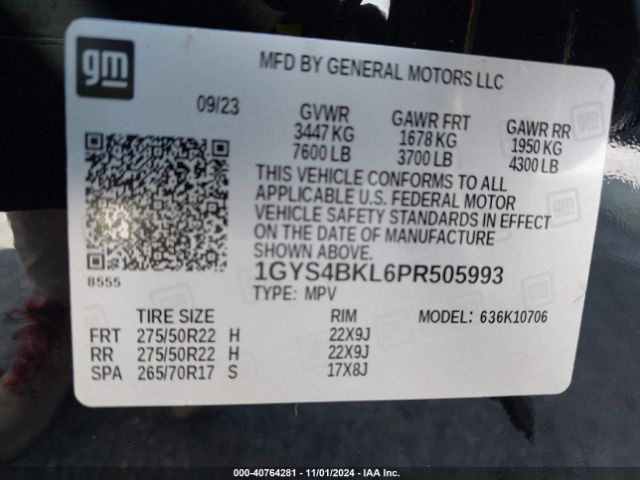 1GYS4BKL6PR505993 Cadillac Escalade 4wd Premium Luxury
