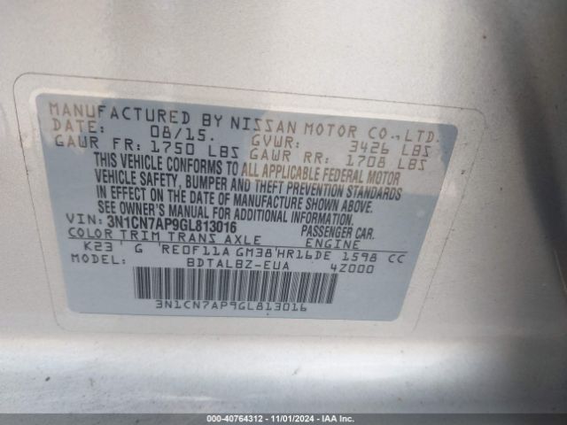 3N1CN7AP9GL813016 Nissan Versa 1.6 S/1.6 S+/1.6 Sl/1.6 Sv