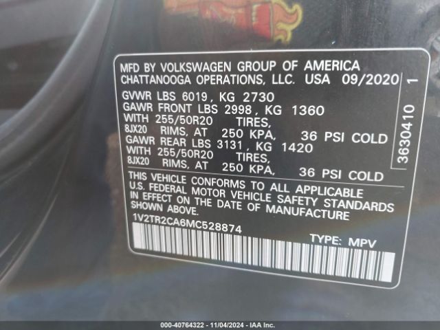 1V2TR2CA6MC528874 Volkswagen Atlas 3.6l V6 Sel Premium