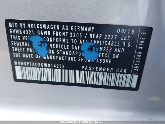 WVWKP7AU8GW914258 Volkswagen E-golf Se