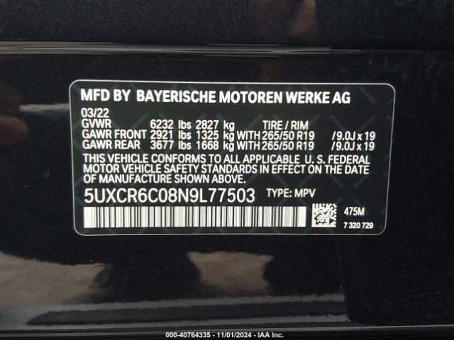 5UXCR6C08N9L77503 BMW X5 Xdrive40i