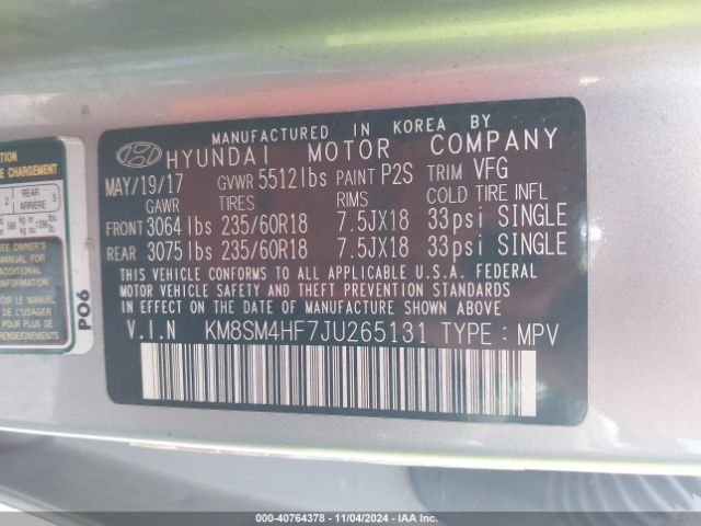 KM8SM4HF7JU265131 Hyundai Santa Fe Se