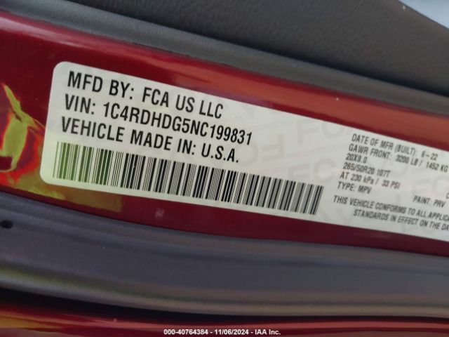 1C4RDHDG5NC199831 Dodge Durango Gt Plus Rwd