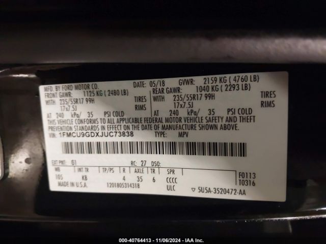 Ford ESCAPE SE 2018 1FMCU9GDXJUC73838 Image 9