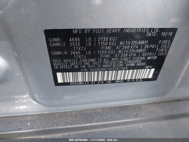 40764480 :رقم المزاد ، 4S4BSAHC3H3287069 vin ، 2017 Subaru Outback 2.5i Premium مزاد بيع