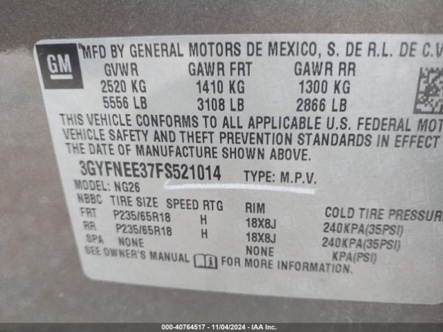 3GYFNEE37FS521014 Cadillac Srx Luxury Collection