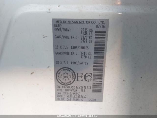 5N1AR2MM3GC628531 Nissan Pathfinder Platinum/s/sl/sv