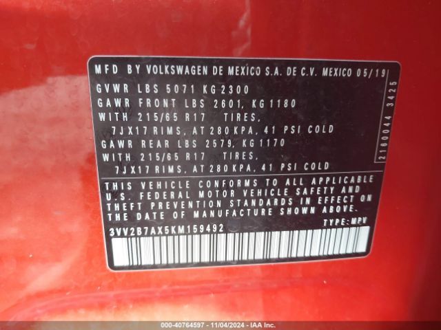 3VV2B7AX5KM159492 Volkswagen Tiguan 2.0t Se/2.0t Sel/2.0t Sel R-line/2.0t Sel R-line Black