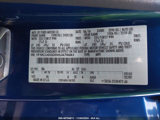 Ford ESCAPE SE 2017 1FMCU0GD0HUA76683 Image 9