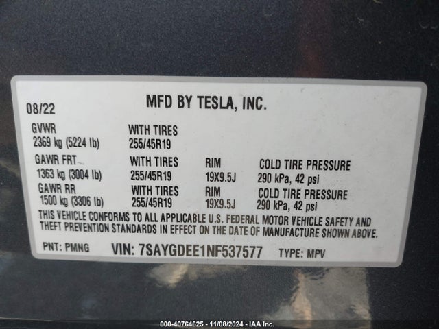 2022 TESLA MODEL Y 7SAYGDEE1NF537577 Photo 8