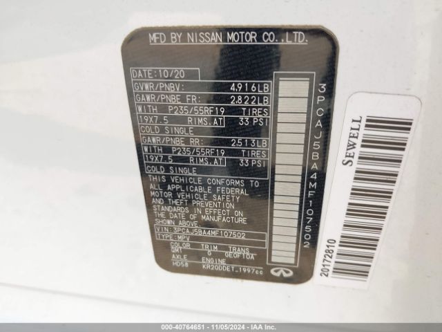 3PCAJ5BA4MF107502 Infiniti Qx50 Luxe