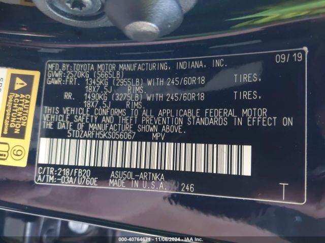5TDZARFH5KS056067 Toyota Highlander Le