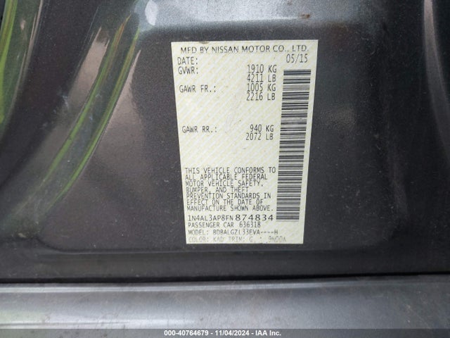 Nissan Altima 2.5 S 2015 1N4AL3AP8FN874834 Image 9