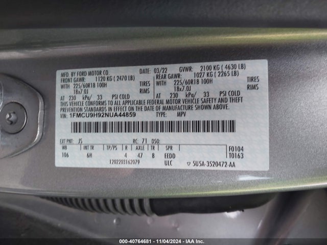 Ford ESCAPE SEL 2022 1FMCU9H92NUA44859 Image 9