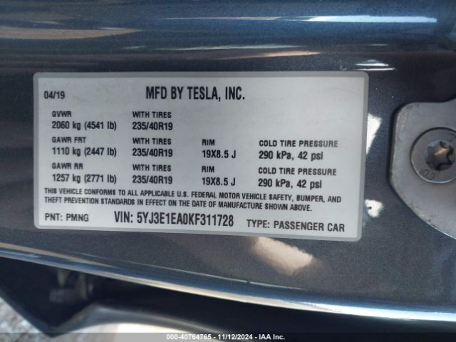 5YJ3E1EA0KF311728 Tesla Model 3 Long Range/mid Range/standard Range/standard Range Plus