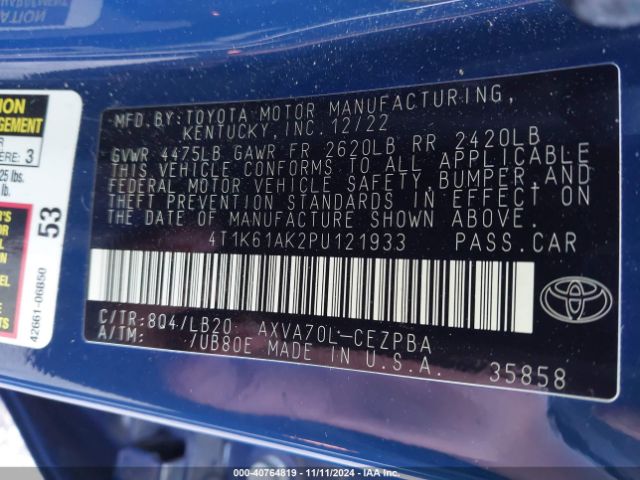 4T1K61AK2PU121933 Toyota CAMRY XSE