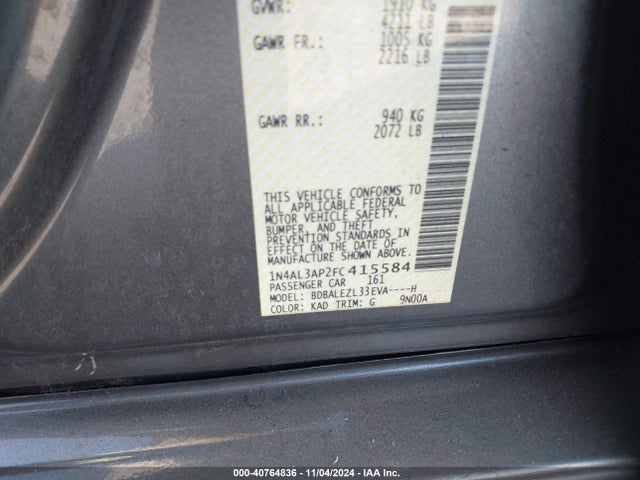 Nissan Altima 2.5 S 2015 1N4AL3AP2FC415584 Image 9