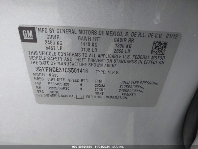 2012 CADILLAC SRX 3GYFNCE37CS561416 Photo 8