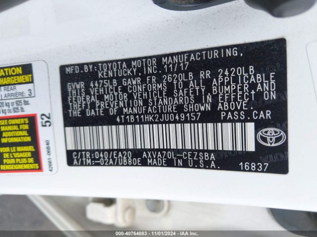 4T1B11HK2JU049157 Toyota CAMRY SE