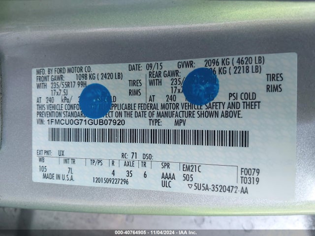 Ford ESCAPE SE 2016 1FMCU0G71GUB07920 Image 9