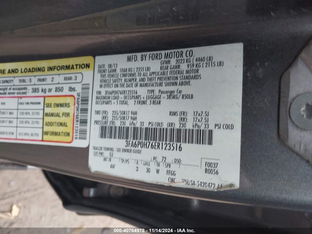 Ford FUSION SE 2014 3FA6P0H76ER123516 Image 9